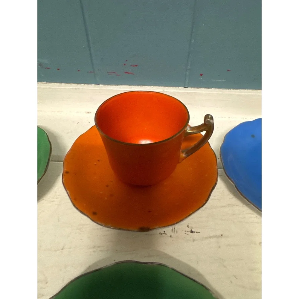 Vtg Gold‎ Castle Demi Tasse (3) Cups and (8) Saucers Set Colorful Made in Japan